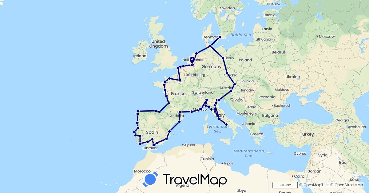 TravelMap itinerary: driving in Austria, Belgium, Czech Republic, Germany, Denmark, Spain, France, Italy, Monaco, Netherlands, Portugal (Europe)